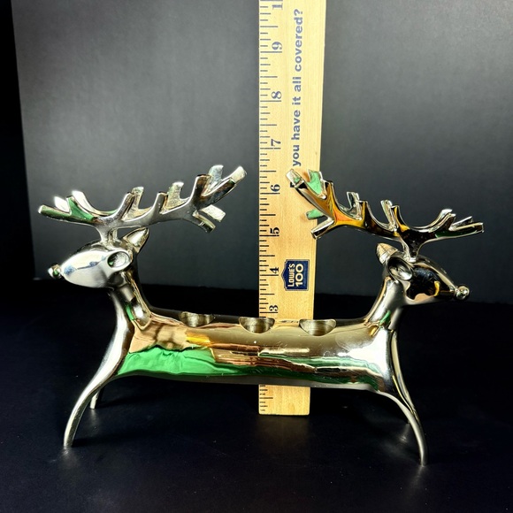 Vintage Pottery Barn Silvertone Metal Reindeer 3 Candlestick Holder Centerpiece - Picture 15 of 16